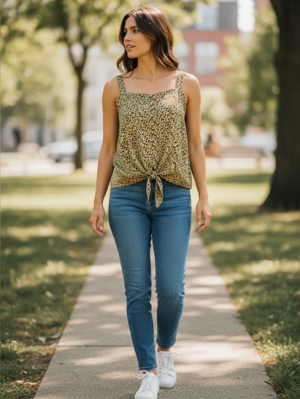 Wishlist apparel Green Leopard Print Tie-Front Tank Top